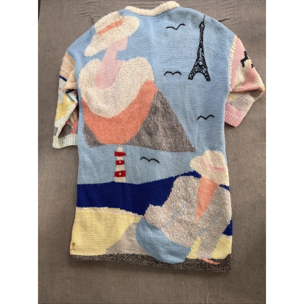 Vintage 80s Hand Knit Intarsia Duster Cardigan Paris Art Sweater Oversized - Picture 2 of 11